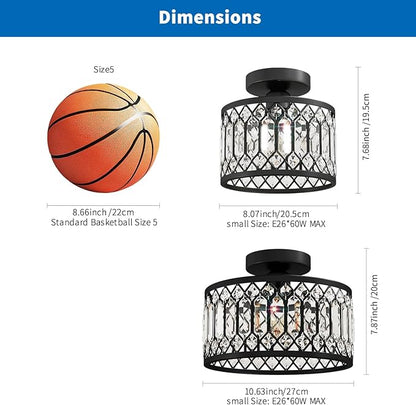 ANWIO Crystal Black Ceiling Light Fixture, Modern Semi Flush Mount Ceiling Light, Crystal Chandelier for Kitchen Bedroom Bathroom Entryway, 10.63inch