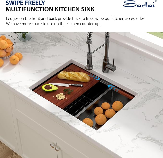 Sarlai 25 Inch Black Kitchen Sink Undermount - 25"x19" Undermount Sink Ledge Workstation Stainless Steel Gunmetal Black 16 Gauge Deep Single Bowl Under Counter Kitchen Sinks with Accessories