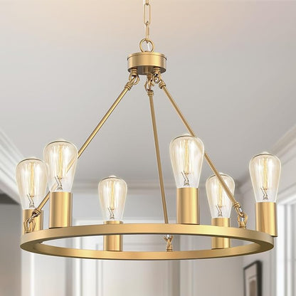 L LOHAS LED Gold Farmhouse Chandeliers for Dining Room, 6-Light Wagon Wheel Chandelier Over Table, Height Adjustable, 19" Dining Room Light Fixtures, Modern Chandelier for Kitchen Island Living Room