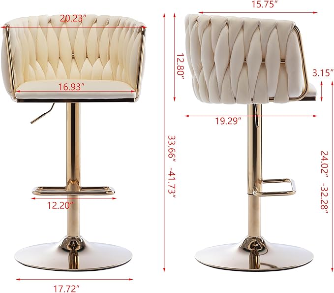 Rhomtree 24-32 Inch Swivel Bar Stools, Adjustable Counter Height Barstools with Nailheads Trim, Velvet Woven Tufted Back and Golden Footrest, Upholstered Bar Chairs Bar Kitchen Island(Ivory Set of 2)