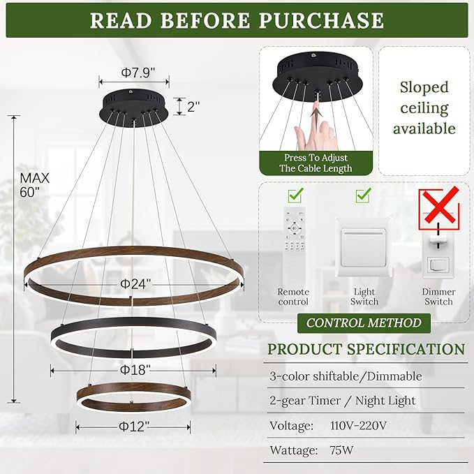 LED 3 Ring Chandelier Dining Room Modern Black Chandelier with Remote Control Dimmable High Ceiling Pendant Light for Entry Foyer Living Room Bedroom Kitchen Island, 75W