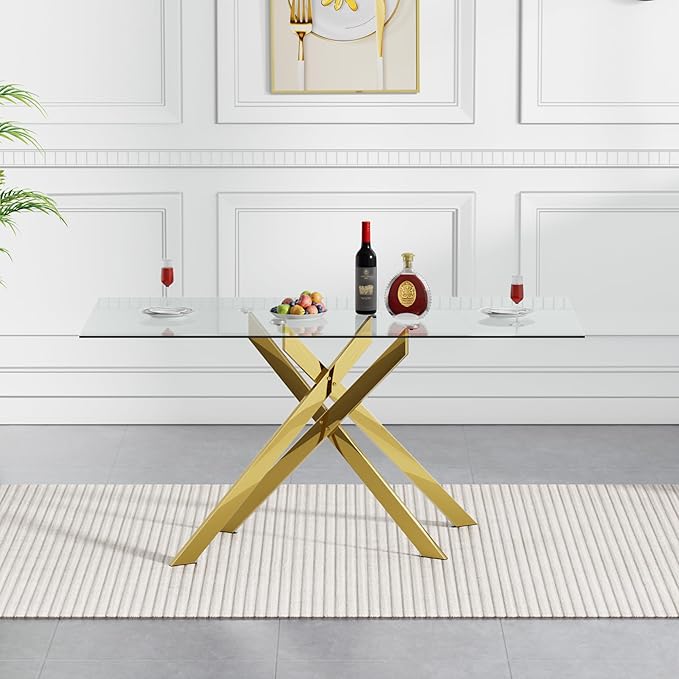 51.2'' Glass Dining Table for 4, Rectangular Dining Room Table for 4, X-Shape Gold Metal Legs, Kitchen Dining Room Living Room Glass Top Kitchen Table for 2