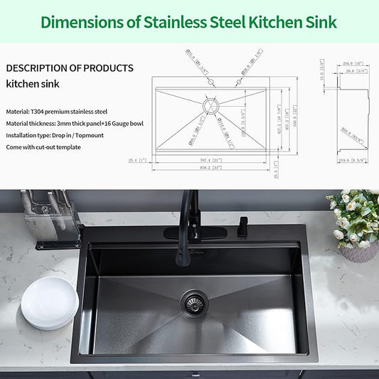 Kitchen Sink, 33 x 22 Drop in Kitchen Sink Gunmetal Black 16 Gauge Stainless Steel Kitchen Sinks Single Bowl Workstation Sink with Cutting Board