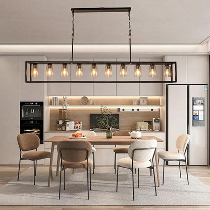 Farmhouse Dining Room Light Fixture Kitchen Island Pendant Lighting Rectangle Black Dining Room Lighting Fixture Modern Pendant Contemporary Chandeliers with Glass Shade Adjustable (10 Light)