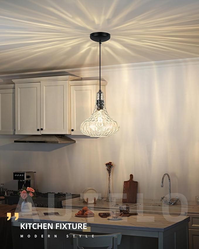 AUTELO Black Pendant Lights Kitchen Island, 10" Hammered Pendant Lights, Industrial Hanging Lamp in Matte Black Finish and Clear Hammered Glass, Pendant Light Fixtures for Dining Room, H9164 HMBK