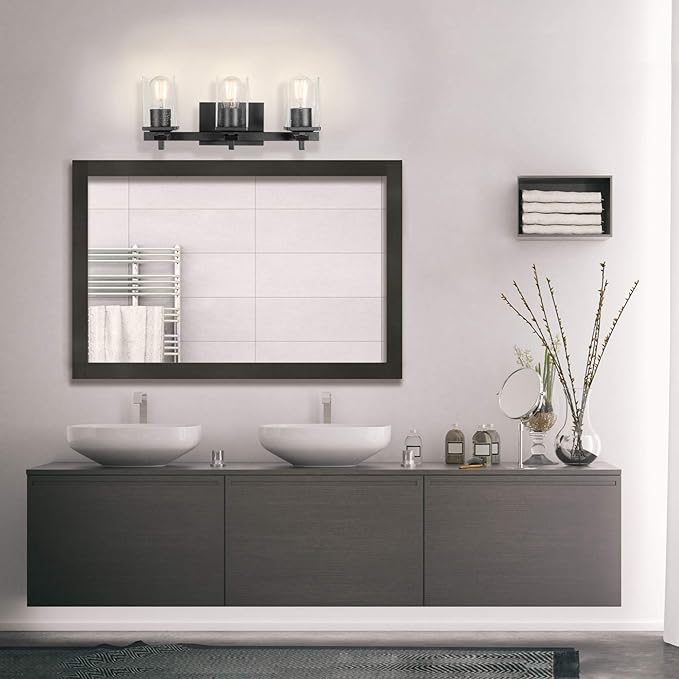 Globe Electric 51634 Dakota 5-Piece All-in-One Bathroom Set 3 Vanity Light with Seeded Glass Shades, Bar, Toilet Paper Holder, Towel Ring, Robe Hook, Matte Black