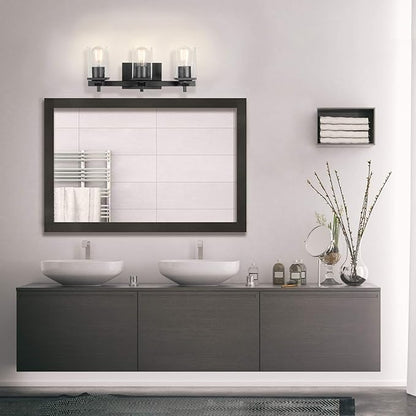 Globe Electric 51634 Dakota 5-Piece All-in-One Bathroom Set 3 Vanity Light with Seeded Glass Shades, Bar, Toilet Paper Holder, Towel Ring, Robe Hook, Matte Black