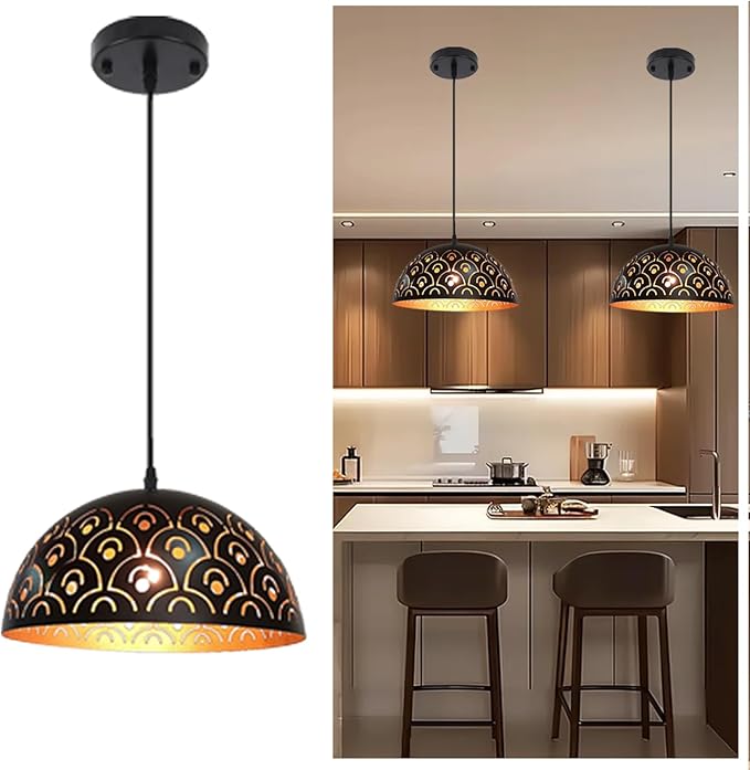 Kitchen Pendant Lights Over Island Vintage, Black and Gold Dome Pendant Lighting Fixtures Farmhouse Hanging Ceiling Lamp Retro Industrial E26 Single Chandelier for Dining Room Bedroom Sink 11.81"