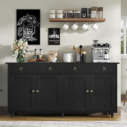 4 EVER WINNER Black Coffee Bar Cabinet, 55" Large Buffet Cabinet with Storage & Adjustable Shelves, Farmhouse Sideboard Buffet Cabinet with 2 Drawers and 4 Doors for Kitchen, Dining Room, Living Room
