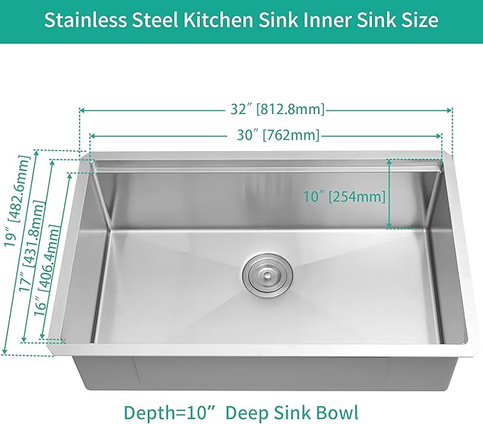 LQS 32 Inch Undermount Kitchen Sink, 32” x 19” Stainless Steel Kitchen Sink, Undermount Sinks, Handmade Deep Single Bowl Sinks with R10 Round Corner and Abundant Accessories