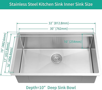 LQS 32 Inch Undermount Kitchen Sink, 32” x 19” Stainless Steel Kitchen Sink, Undermount Sinks, Handmade Deep Single Bowl Sinks with R10 Round Corner and Abundant Accessories