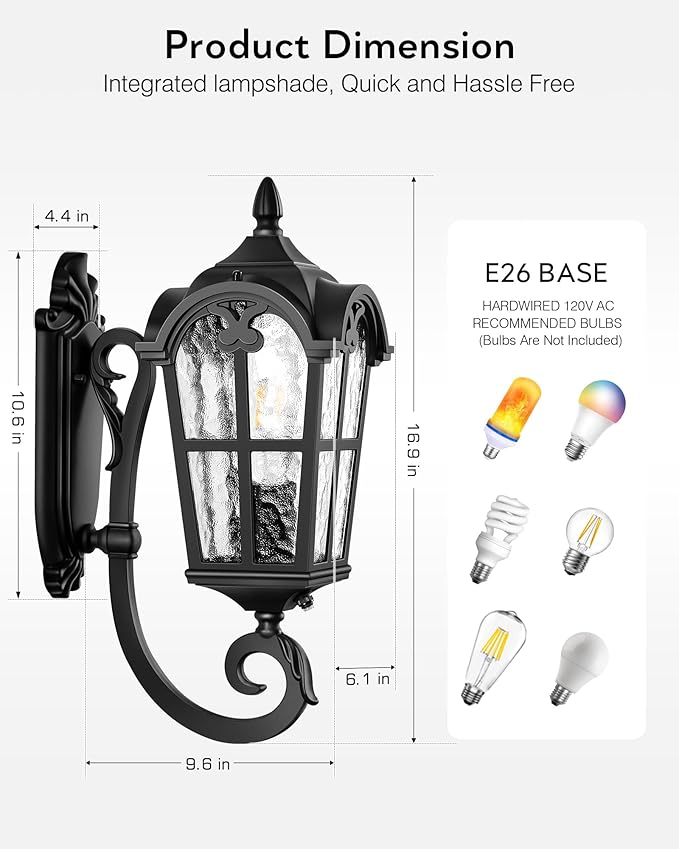 VIANIS Black Dusk to Dawn Outdoor Lighting, Vintage Outdoor Sconce Lights with Water Ripple Glass, 100% Aluminium Anti-Rust Waterproof Patio Wall Light Fixture, Outside Porch Lantern for House Garage