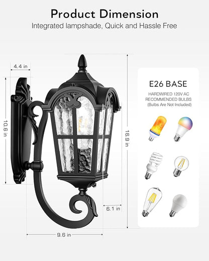 VIANIS Black Dusk to Dawn Outdoor Lighting, Vintage Outdoor Sconce Lights with Water Ripple Glass, 100% Aluminium Anti-Rust Waterproof Patio Wall Light Fixture, Outside Porch Lantern for House Garage