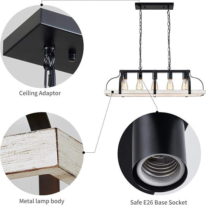 WUZUPS 5-Light Metal Chandelier Imitation Wood Grain Linear Pendant Ceiling Lighting Rustic Farmhouse Fixture Kitchen Island Dining Room, H 8.5" L 31.5" W10, E26 Base, Black & Antique White