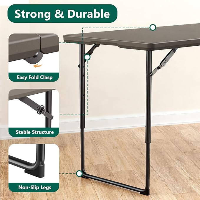 Folding Table 48" x 24" - Heavy Duty Fold-in-Half Plastic Table with Adjustable Height, Portable Utility Tables with Steel Legs for Indoor, Outdoor, Picnic, Camping, Dining, Party (Khaki)