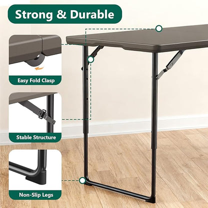 Folding Table 4FT Heavy Duty Plastic Table with Handle, Foldable&Portable, Fold-in-Half Utility Tables for Outdoor, Dining, Wedding, Events, Indoor, Picnic, Camping, Party, Khaki