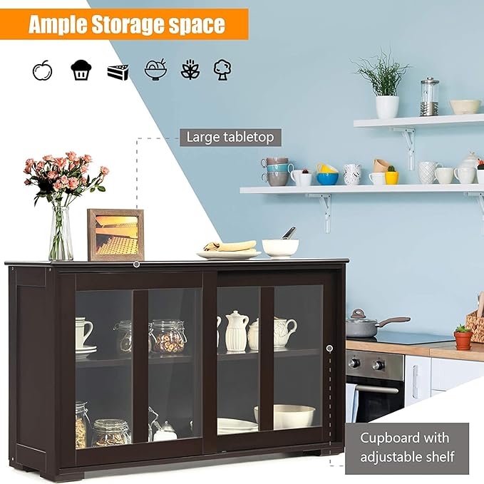 Sideboard Buffet Cabinet, Stackable Cupboard Storage Table with Adjustable Shelf & Glass Sliding Doors, Wooden Credenza Coffee Bar Cabinet for Kitchen/Dining Room/Living Room/Entryway (Coffee)