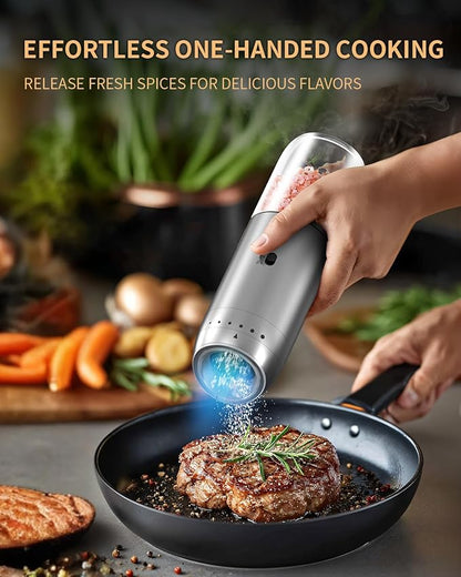 Gravity Electric Salt and Pepper Grinder Set with Rechargeable Base, 2-Speed Grinding Control Stainless Steel Pepper Mill Set with Adjustable Coarseness, LED Light & 176ml Large Capacity