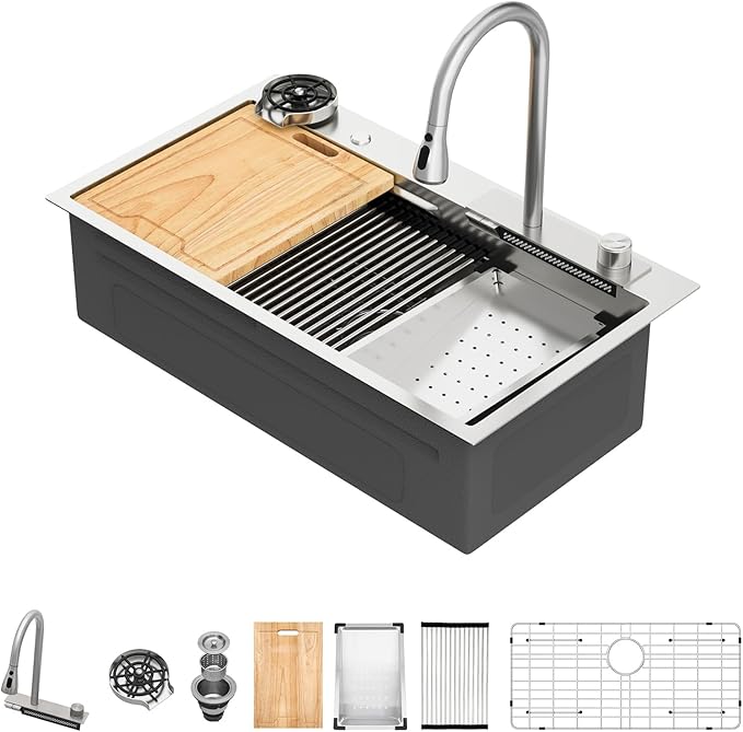 Kichae 33x19 Drop In Kitchen Sink Waterfall - Workstation Kitchen Sink Waterfall Stainless Steel 16 Gauge Luxury Handmade Single Bowl Sinks with Faucet Combo & Glass Rinser