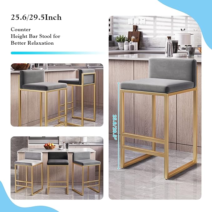 Velvet Stools with Low Back Mid-Century Upholstered Armless Chairs for Kitchen Island Home Pub Grey + Gold Sitting Height 65cm (Grey + Gold 25.6in)