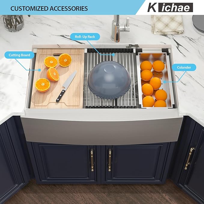 33 Farmhouse Sink Double Bowl - Kichae 33 Inch Apron Front Stainless Steel Double Bowl Low Divided 60/40 Ledge Workstation Handmade Farm Kitchen Sink