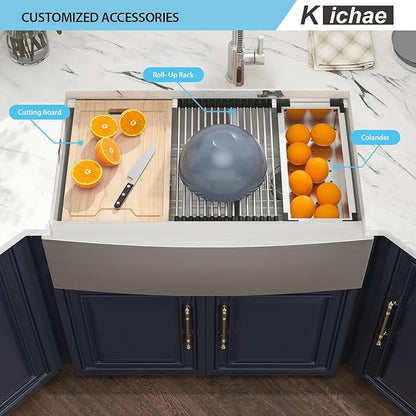 33 Farmhouse Sink Double Bowl - Kichae 33 Inch Apron Front Stainless Steel Double Bowl Low Divided 60/40 Ledge Workstation Handmade Farm Kitchen Sink