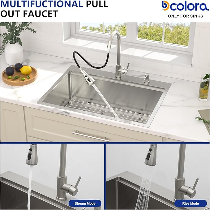 Dcolora 28 Inch Drop In Kitchen Sink With Faucet Topmount Stainless Steel Sink Workstation Single Bowl Round Corner Overmount Basin 28"×22"×10", DC-SFDOE00123