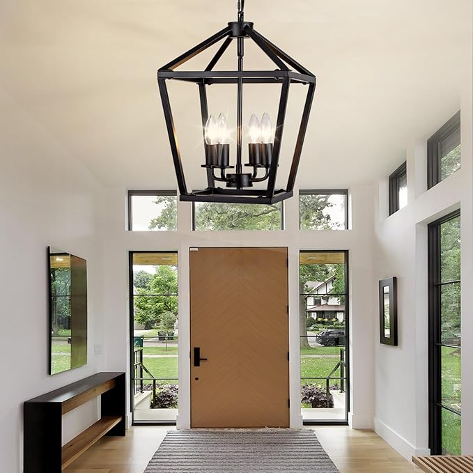 4-Light Black Pendant Lights Kitchen Island, 12 Inch Farmhouse Pendant Light, Adjustable Height Iron Lantern Black Pendant Light Fixtures, Cage Farmhouse Chandelier Island Lights for Kitchen Foyer