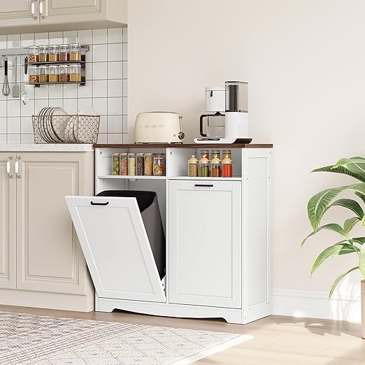 HOOBRO Double Tilt Out Trash Can Cabinet, 20 Gallon Kitchen Trash Bin Cabinet, Hidden Trash Storage with Open Compartments, Hidden Laundry Hamper, for Kitchen, Laundry, White and Walnut WH04LJ01