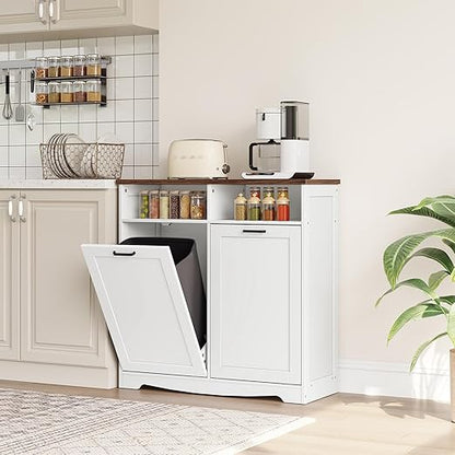 HOOBRO Double Tilt Out Trash Can Cabinet, 20 Gallon Kitchen Trash Bin Cabinet, Hidden Trash Storage with Open Compartments, Hidden Laundry Hamper, for Kitchen, Laundry, White and Walnut WH04LJ01