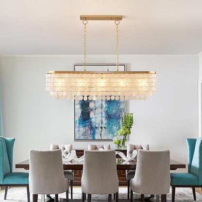 5 Light Capiz Shell Chandelier Rectangular Coastal Chandeliers for Dining Room,Gold Light Fixtures Over Table Kitchen Island Lighting Fixtures Ceiling Hanging Mount(42" Large Pendant Lights)
