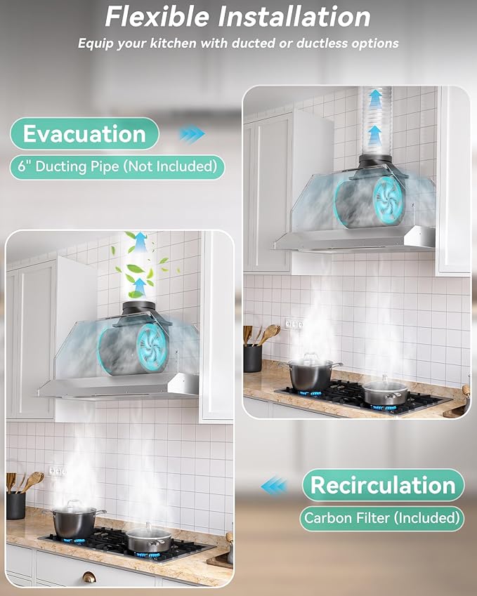 30 inch Stainless Steel Insert Range Hood - 900 CFM, Gesture Control, Ultra-Quiet 4-Speed Vent, LED Lights, Ducted/Ductless Convertible