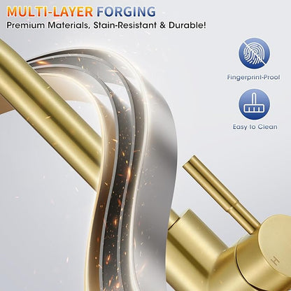 Brushed Gold Kitchen Faucets with Spray Head Replacement, High Arc Single Handle Stainless Steel Kitchen Sink Faucet for 1 or 3 Hole, Ideal for Farmhouse RV Laundry Bar Camper & Commercial