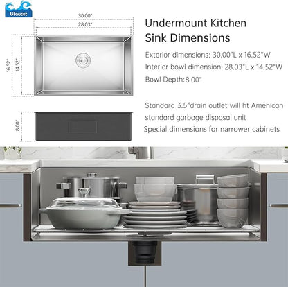 30 Inch Undermount Kitchen Sink, 30" x 16.5" x 8" Under Mount Brushed Nickel RV Laundry Utility Undermount 16 Gauge Stainless Steel 8 Deep Single Bowl Small Kitchen Laundry Narrow Sink