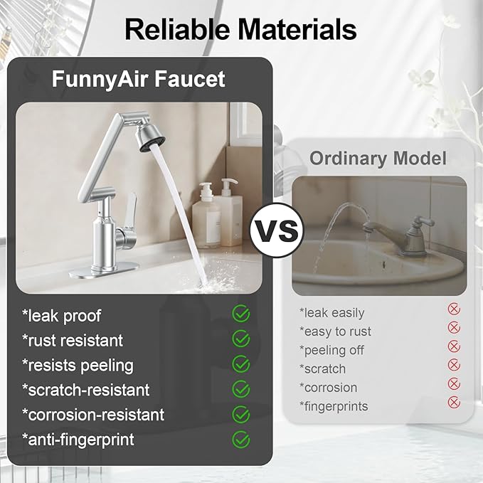 Bathroom Sink Faucet, FunnyAir Stainless Steel 1080° Rotatable Faucet for Sink 1 Hole or 3 Holes, Modern Style Single Handle Bathroom Faucets with Hot and Cold Hoses, Silver