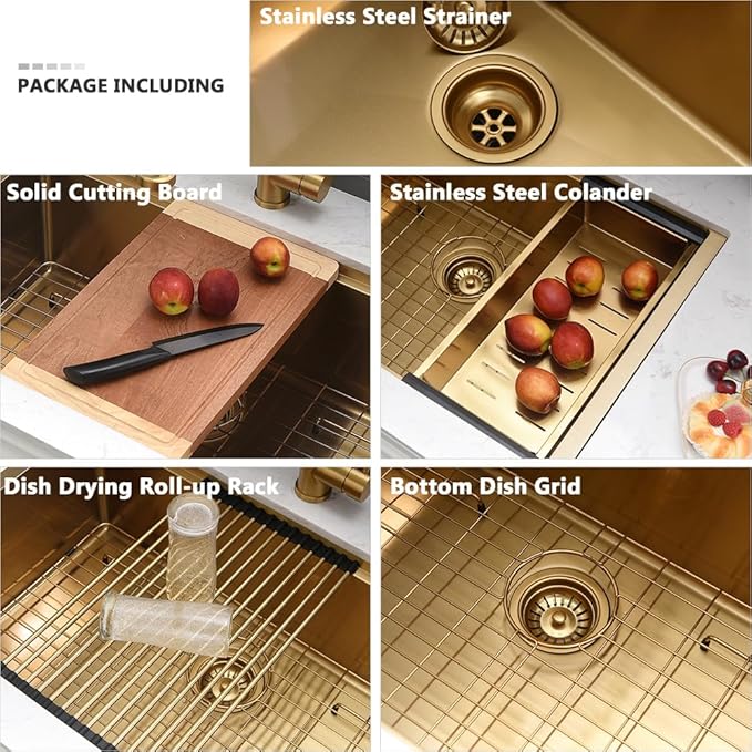 27 Inch Gold Undermount Kitchen Sink Workstation-VASOYO 27x19 Undermount Sinks 16 Gauge Stainless Steel Brushed Gold Single Bowl Deep Kitchen Sink with Cutting Board