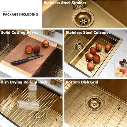 27 Inch Gold Undermount Kitchen Sink Workstation-VASOYO 27x19 Undermount Sinks 16 Gauge Stainless Steel Brushed Gold Single Bowl Deep Kitchen Sink with Cutting Board