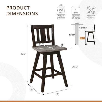 Lexicon Counter Height Stools Set of 2-Solid Wood Frame 360° Swivel Wooden Stools, Foot Rest, Slat Back, Wide Seat, Distressed Farmhouse Easy to Clean Finish, 24" SH, Antique Black/Grey