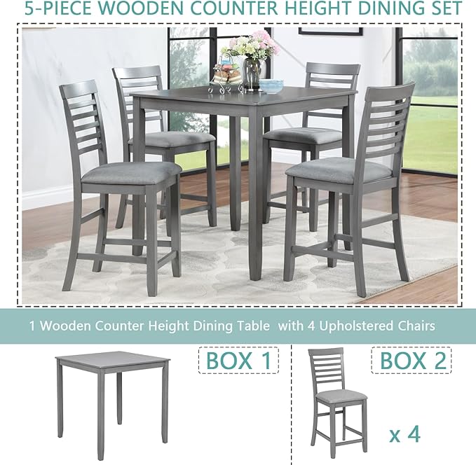 5-Piece Counter Height Dining Table Set for 4, Solid Wood Square Kitchen Table with 4 Upholstered Ladder-Back Chairs, Modern Gray Dining Set for Kitchen and Dining Room