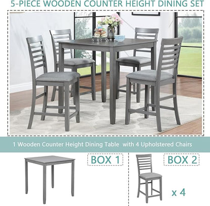 5-Piece Counter Height Dining Table Set for 4, Solid Wood Square Kitchen Table with 4 Upholstered Ladder-Back Chairs, Modern Gray Dining Set for Kitchen and Dining Room
