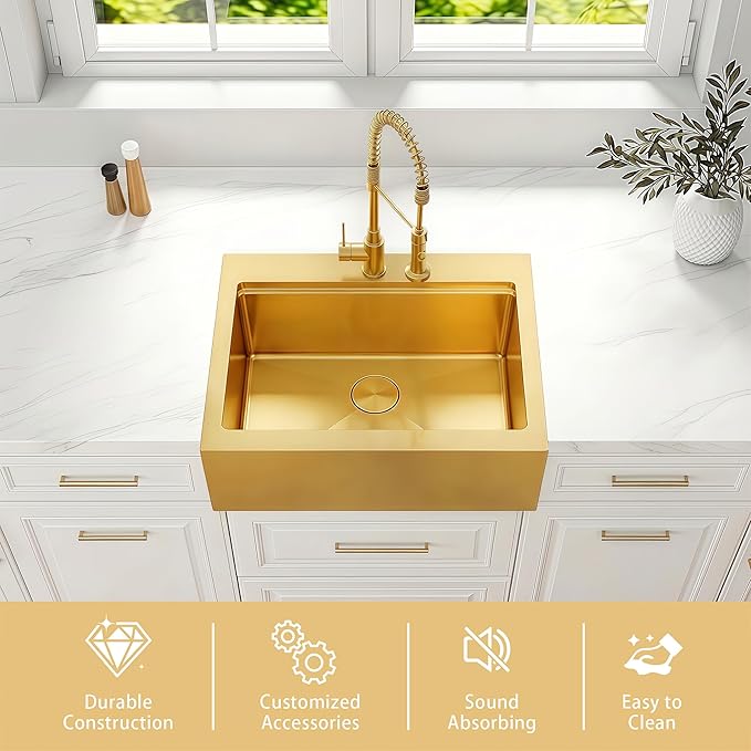30 Inch Farmhouse Gold Sink, 16 Gauge 304 Stainless Steel Farm Sinks, Drop In Topmount Single Bowl Workstation Sink with all Accessories, 30" x 22" x 10" Large and Deep Kitchen Sink