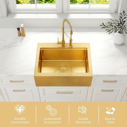 30 Inch Farmhouse Gold Sink, 16 Gauge 304 Stainless Steel Farm Sinks, Drop In Topmount Single Bowl Workstation Sink with all Accessories, 30" x 22" x 10" Large and Deep Kitchen Sink