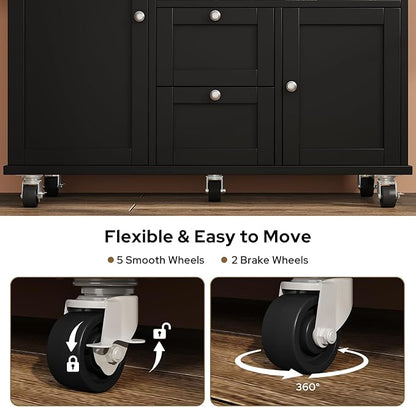 Rolling Kitchen Island with Storage Cabinet, 41.3'' Width Kitchen Cart with Desktop Drop Leaf Countertop, Portable Mobile Island with Towel Rack, Spice Rack Shelf and Lockable Wheels, Black