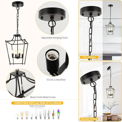 Black Lantern Pendant Light 4-Light Pendant Light Fixtures Hanging Farmhouse Chandelier with E12 Bulb Base, 12" Adjustable Lantern Light Fixture for Dining Room Kitchen Foyer
