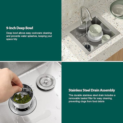 Outdoor Kitchen Sink - 21 x 20 Inch Outdoor Sink Drop In Workstation Stainless Steel 16 Gauge Topmount Single Bowl Small Wet Bar Sinks with Faucet & Premium Stainless Steel Cover #TLT-0030