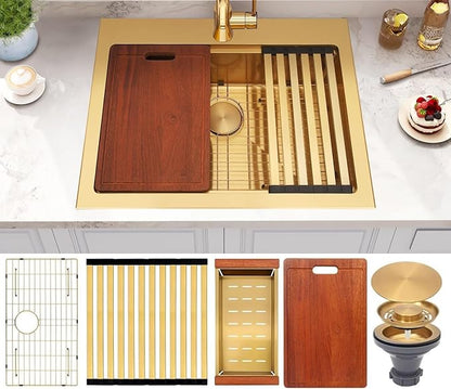 Gold Kitchen Sink 26" X 22",Drop In/Top Mount 16 Gauge Stainless Steel Workstation Sink,Deep & Large Single Bowl Kitchen Sinks (Gold, 26" X 22")