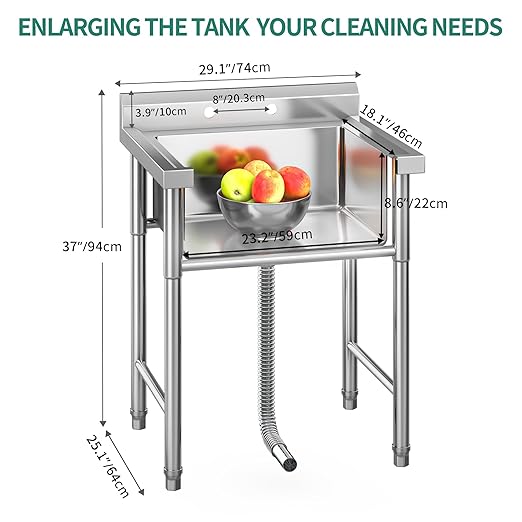 YITAHOME 29in Utility Kitchen Sink Free Standing Single Bowl with Pipe NSF Stainless Steel Commercial Sink for Laundry Room Bathroom Farmhouse Garage Indoor Outdoor