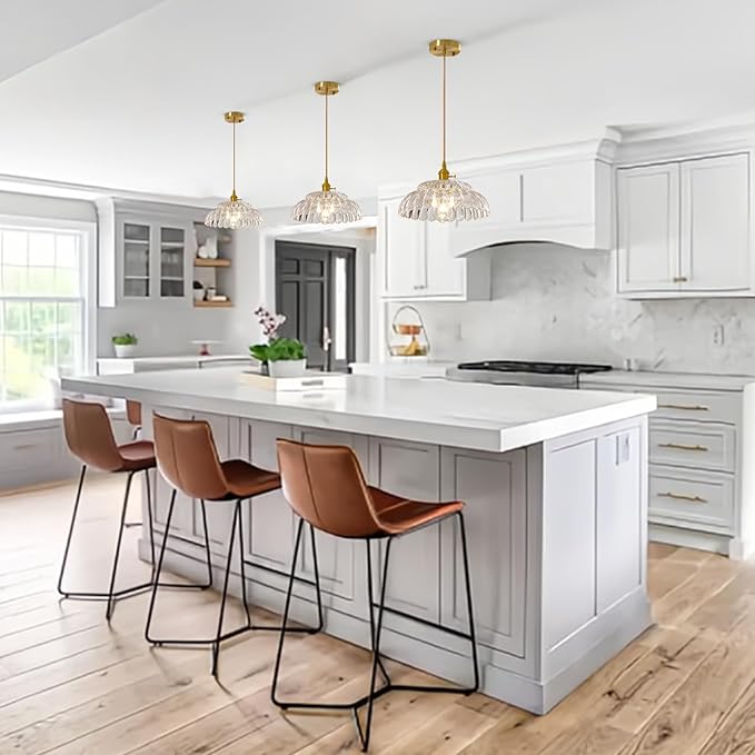 Clear Glass Pendant Light with Striped Shade, Adjustable Brass Vintage Hanging Light Fixture for Kitchen Island Sink Dining Room Ceiling Hallway Lighting