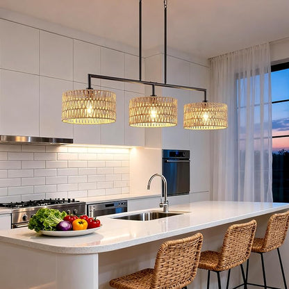 47" Hand Woven Rattan Chandeliers for Dining Room, 3-light Boho Linear Chandeliers Large Farmhouse Kitchen Island Lighting, Black Finish Pendant Light Fixtures Over Table, Bar, Living Room,E26