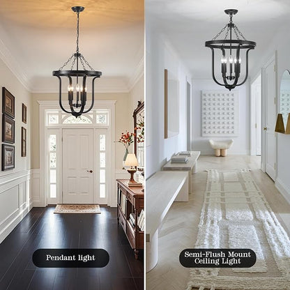 Black Farmhouse Chandelier 5-Light, 19” Industrial Lantern Chandelier Entryway Light Fixture, Metal Cage Rustic Hanging Pendant Lighting Fixture for Foyer Kitchen Dining Room Living room Hallway